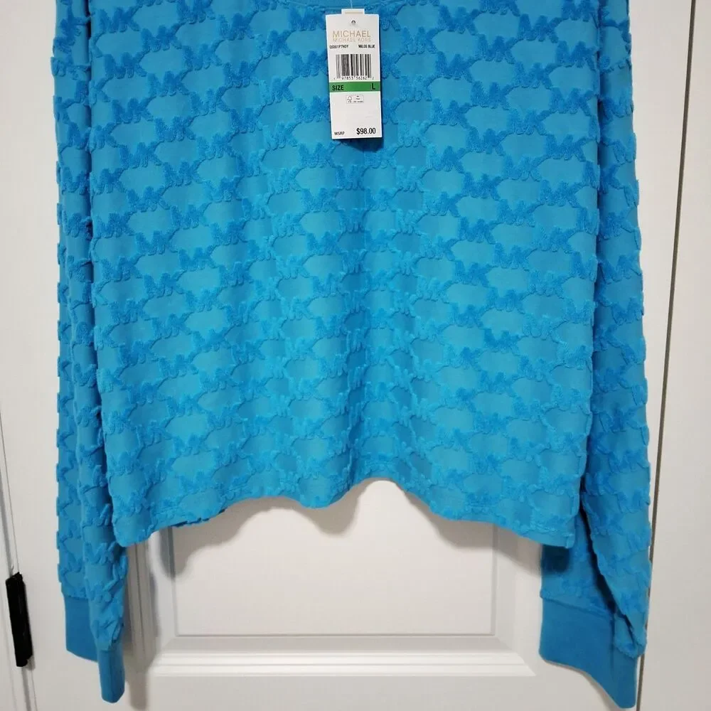 Michael Kors Women's MK Monogram Pattern Sweater Bright Blue Size Large NWT